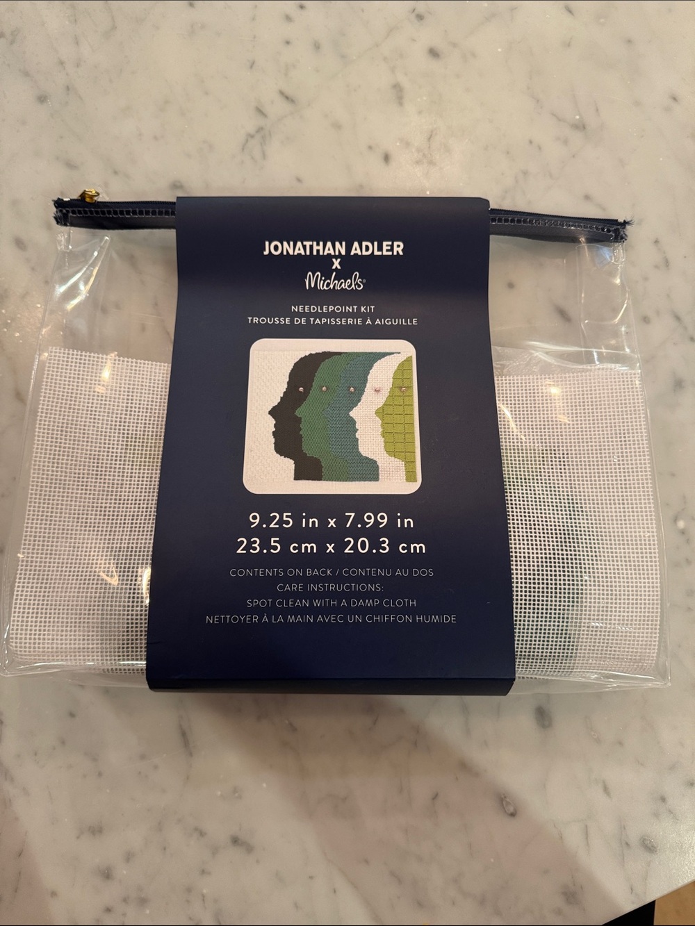 Jonathan Adler Clear Zipper Pouch with Navy Backing and White Canvas